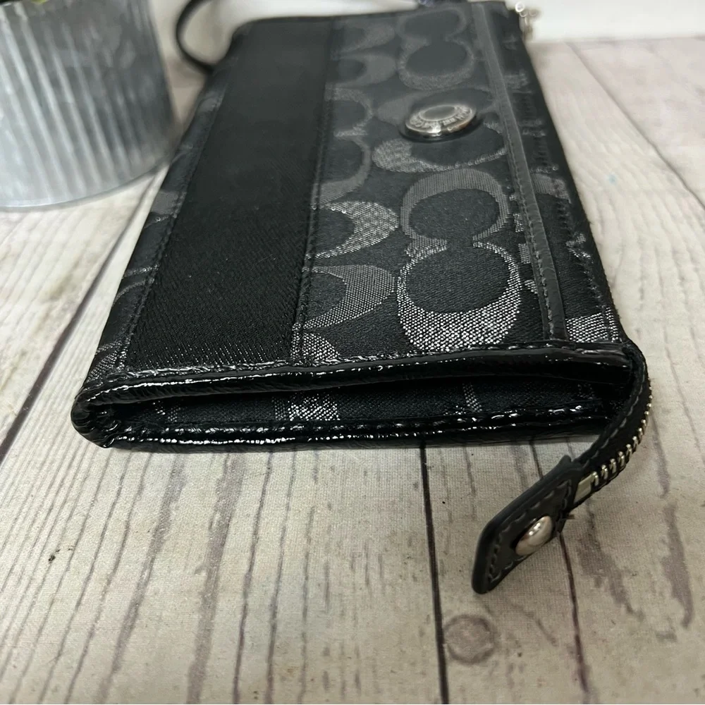 Coach Black Silver Signature Monogram Canvas Stripe Wristlet Wallet Metallic - Picture 14 of 15